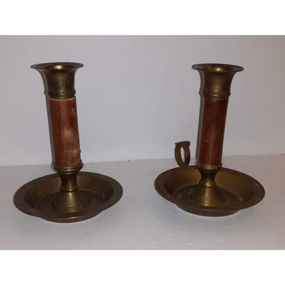 Pair of Vintage Brass and Wood Chambersticks Candle holders 4.5 " tall - Picture 3 of 8